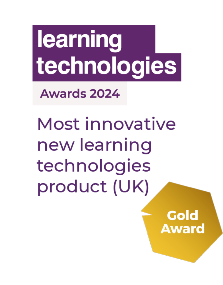 Learning Technologies Awards 2024 badge for "Most innovative new learning technologies product (UK)" with a Gold Award.